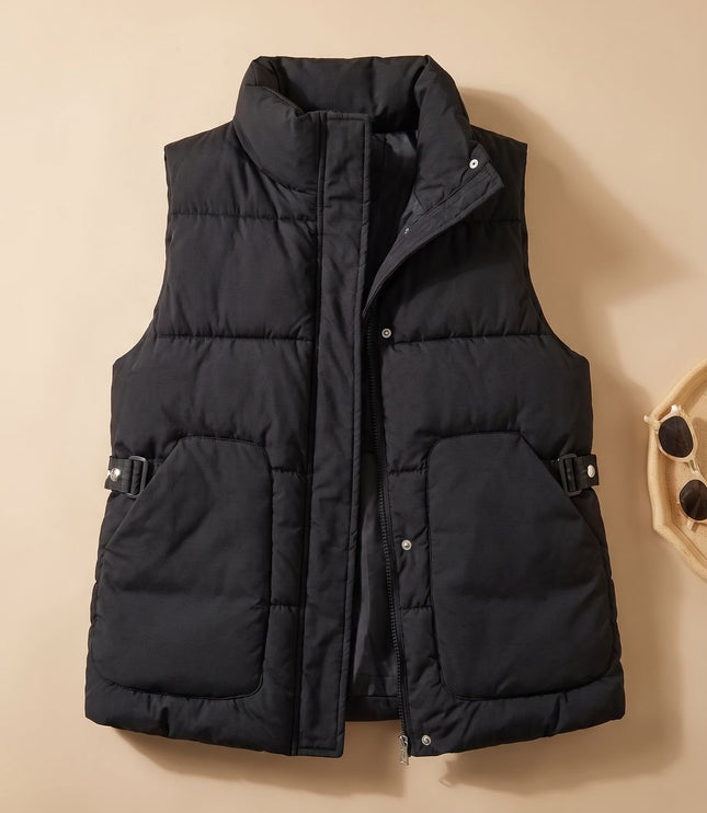 Women's Quilted Puffer Vest with Stand Collar and Flap Pockets