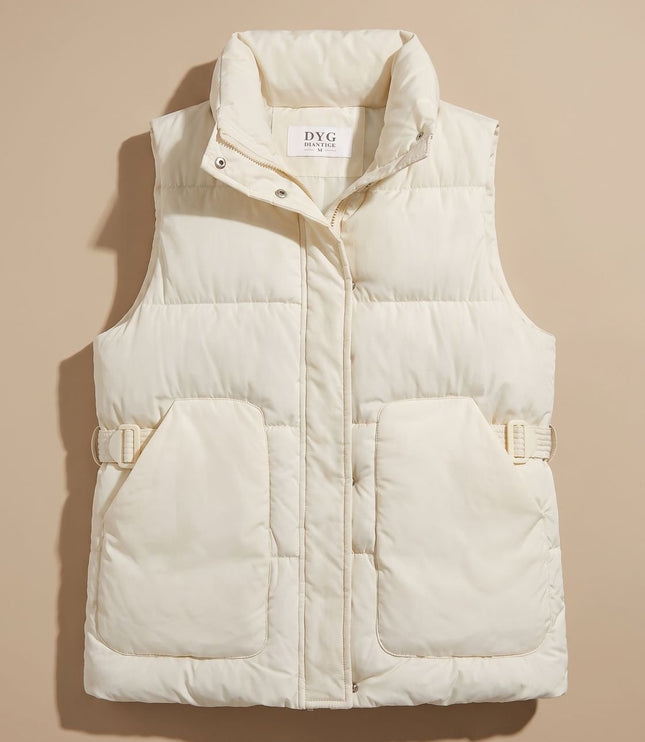 Women's Quilted Puffer Vest with Stand Collar and Flap Pockets