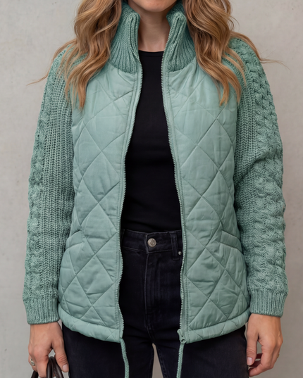 Women's Quilted Zip Up Jacket with Cable Knit Sleeve Panels
