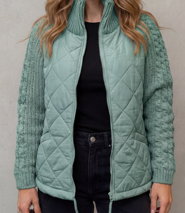 Women's Quilted Zip Up Jacket with Cable Knit Sleeve Panels