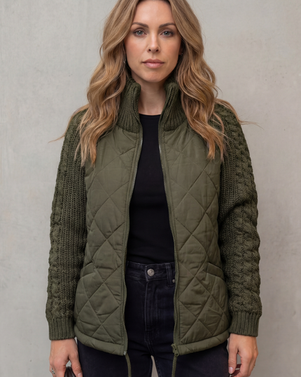 Women's Quilted Zip Up Jacket with Cable Knit Sleeve Panels
