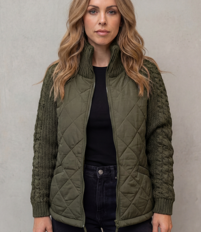 Women's Quilted Zip Up Jacket with Cable Knit Sleeve Panels