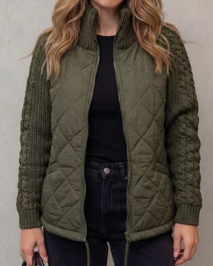 Women's Quilted Zip Up Jacket with Cable Knit Sleeve Panels