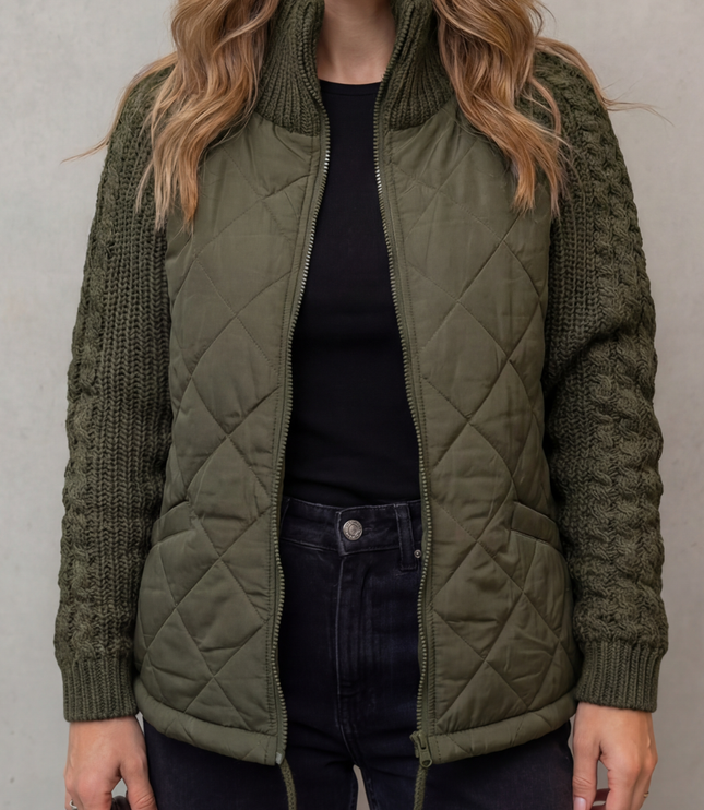 Women's Quilted Zip Up Jacket with Cable Knit Sleeve Panels
