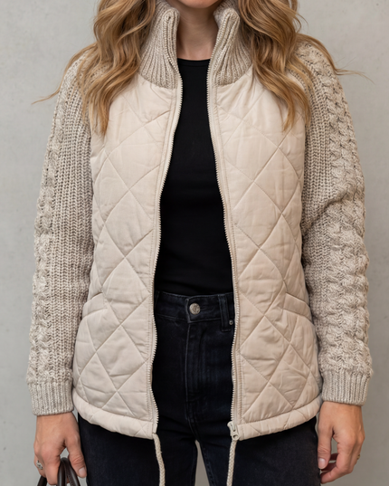 Women's Quilted Zip Up Jacket with Cable Knit Sleeve Panels