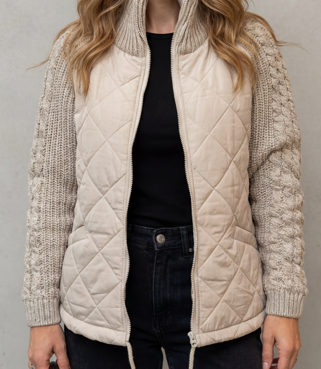 Women's Quilted Zip Up Jacket with Cable Knit Sleeve Panels