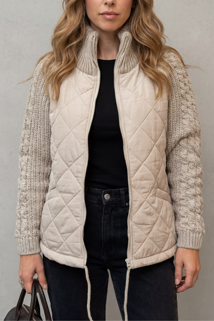 Women's Quilted Zip Up Jacket with Cable Knit Sleeve Panels