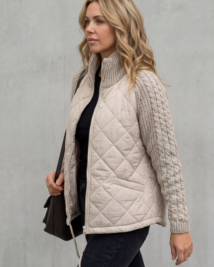 Women's Quilted Zip Up Jacket with Cable Knit Sleeve Panels