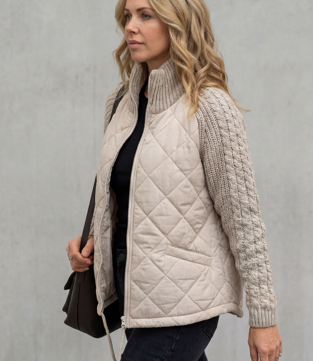 Women's Quilted Zip Up Jacket with Cable Knit Sleeve Panels
