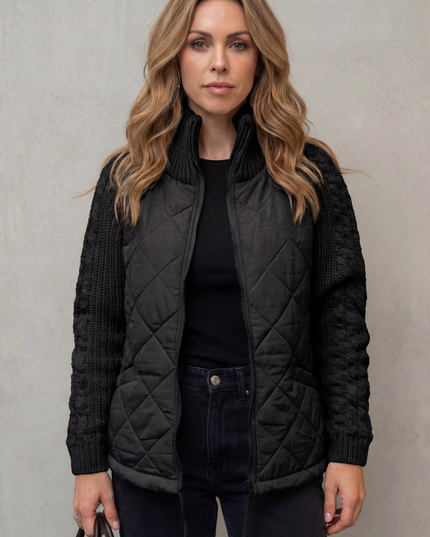 Women's Quilted Zip Up Jacket with Cable Knit Sleeve Panels