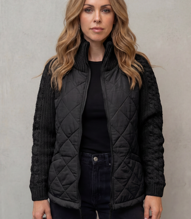 Women's Quilted Zip Up Jacket with Cable Knit Sleeve Panels