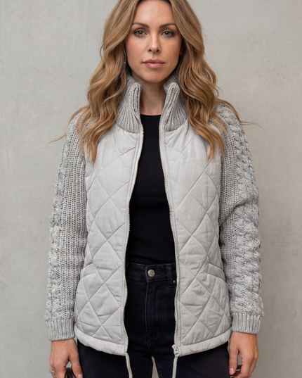 Women's Quilted Zip Up Jacket with Cable Knit Sleeve Panels