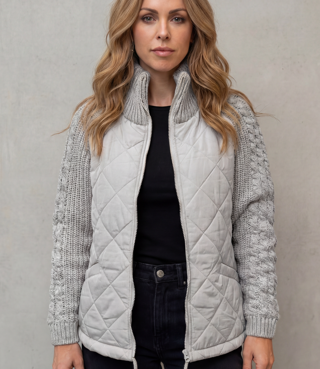 Women's Quilted Zip Up Jacket with Cable Knit Sleeve Panels