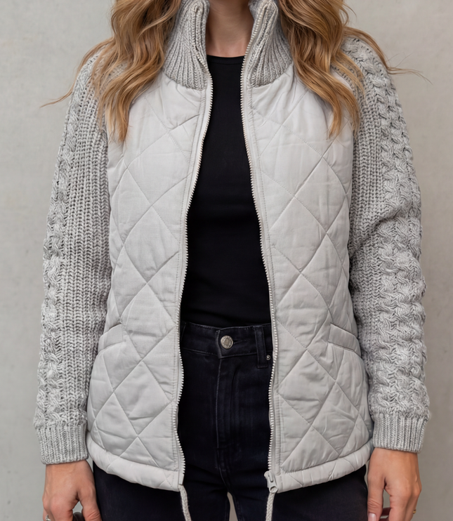 Women's Quilted Zip Up Jacket with Cable Knit Sleeve Panels