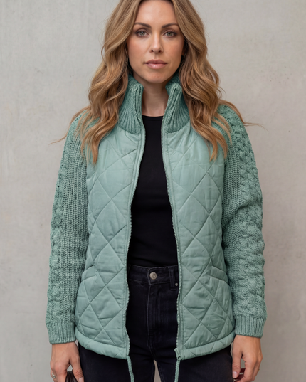 Women's Quilted Zip Up Jacket with Cable Knit Sleeve Panels