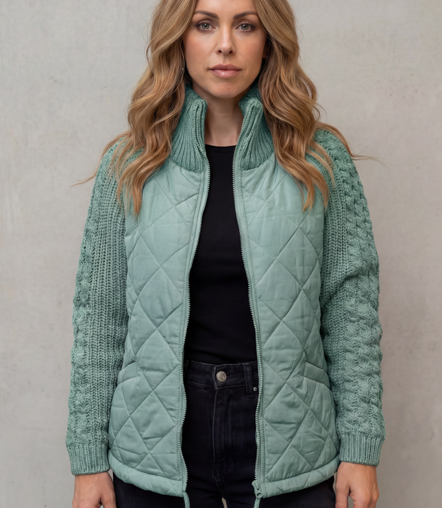 Women's Quilted Zip Up Jacket with Cable Knit Sleeve Panels