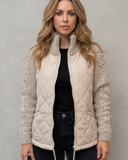 Women's Quilted Zip Up Jacket with Cable Knit Sleeve Panels
