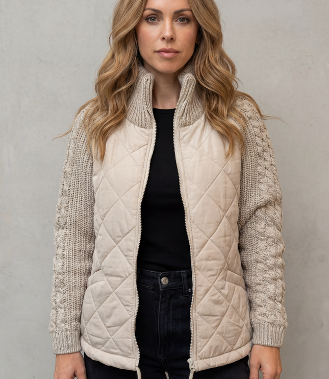 Women's Quilted Zip Up Jacket with Cable Knit Sleeve Panels