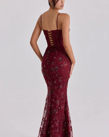 Women's Red Beaded Corset Maxi Dress Formal Prom Evening Gown