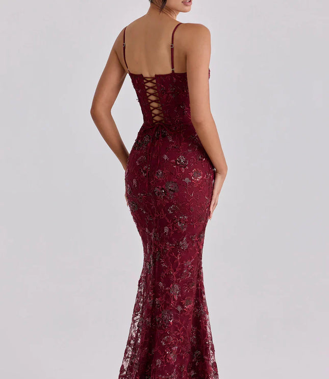 Women's Red Beaded Corset Maxi Dress Formal Prom Evening Gown