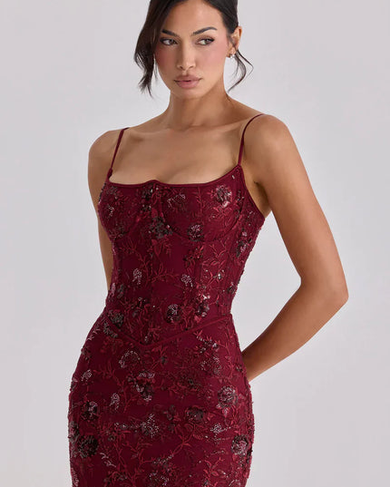 Women's Red Beaded Corset Maxi Dress Formal Prom Evening Gown