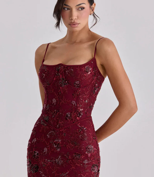 Women's Red Beaded Corset Maxi Dress Formal Prom Evening Gown