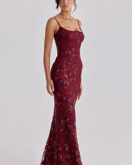 Women's Red Beaded Corset Maxi Dress Formal Prom Evening Gown