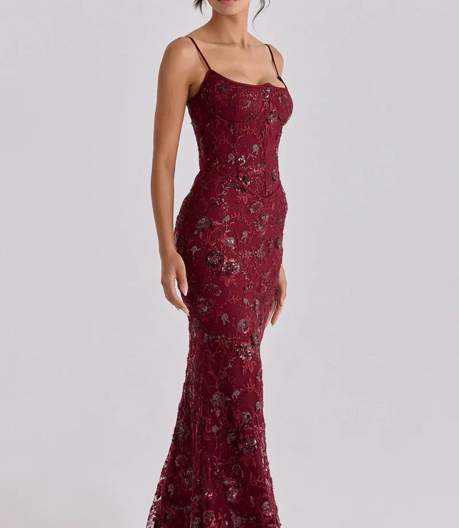 Women's Red Beaded Corset Maxi Dress Formal Prom Evening Gown