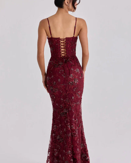 Women's Red Beaded Corset Maxi Dress Formal Prom Evening Gown