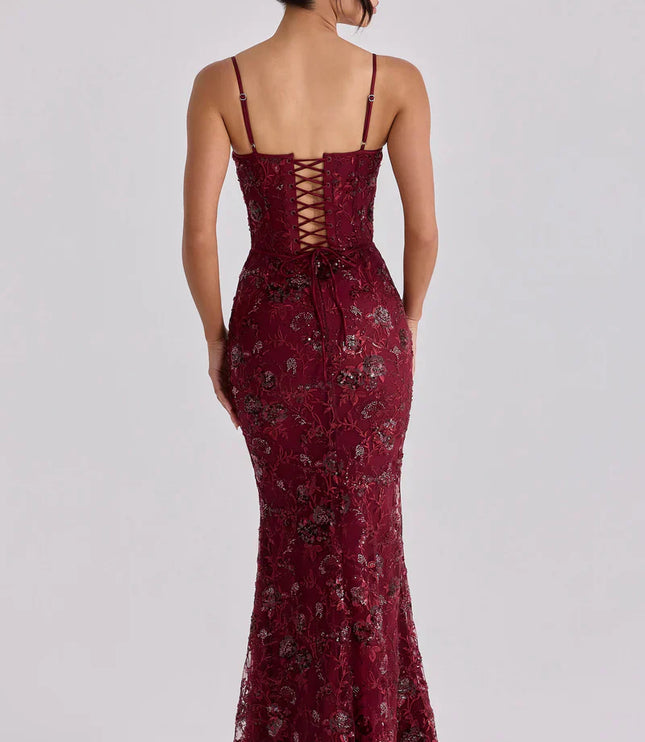 Women's Red Beaded Corset Maxi Dress Formal Prom Evening Gown