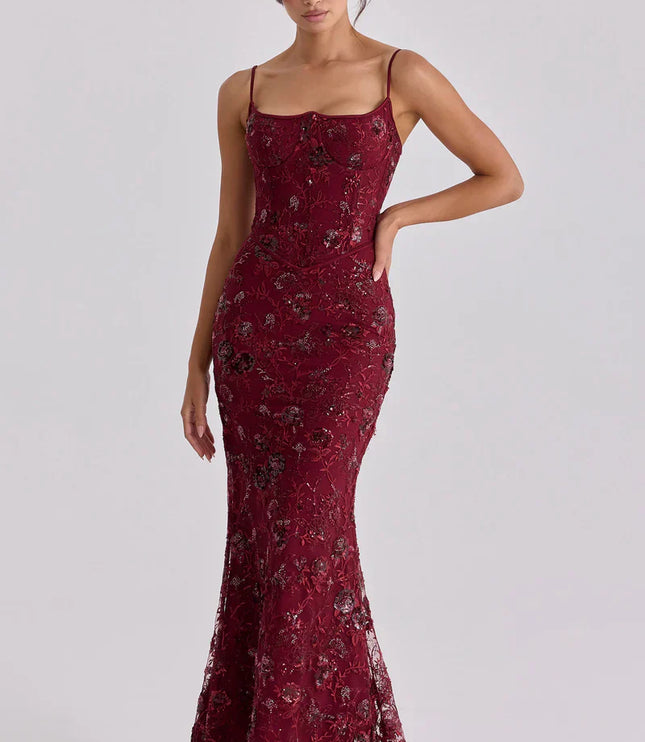 Women's Red Beaded Corset Maxi Dress Formal Prom Evening Gown