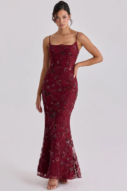 Women's Red Beaded Corset Maxi Dress Formal Prom Evening Gown