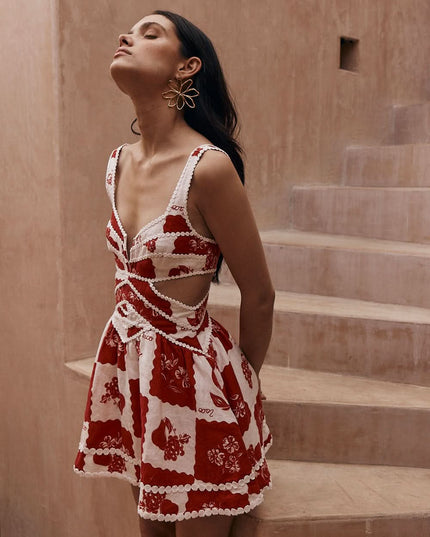 Women's Red Floral Cut Out Mini Dress for Wedding Guests