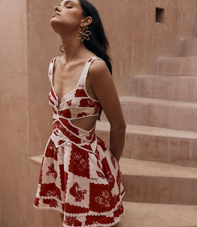 Women's Red Floral Cut Out Mini Dress for Wedding Guests