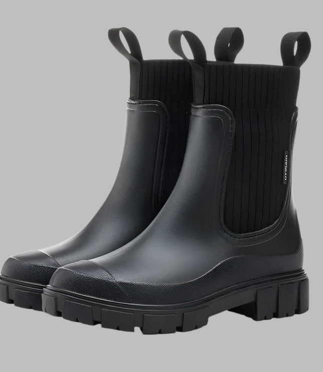 Women's Ribbed Knit Chelsea Rain Boots with Pull Loops