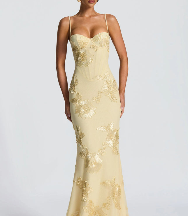 Cream maxi dress with gold embroidered sunflowers and spaghetti straps front