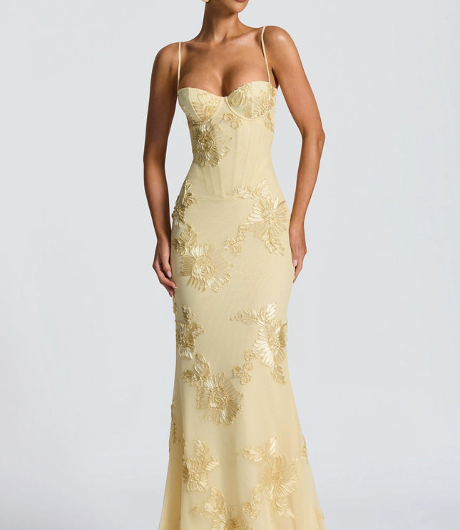 Cream maxi dress with gold floral embroidery and sweetheart neckline front view