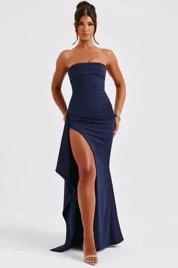 Navy blue strapless split maxi dress with ruched bodice and slit
