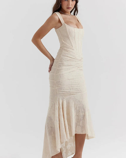 Cream square neckline maxi dress with ruched waist and asymmetrical hem