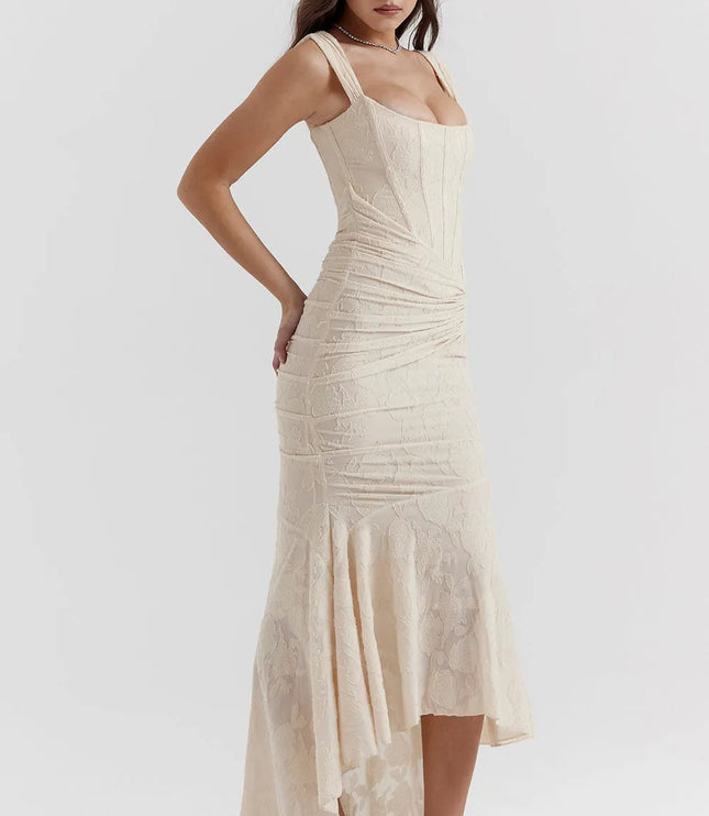 Cream square neckline maxi dress with ruched waist and asymmetrical hem