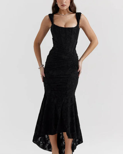 Black square neck ruched maxi dress with textured fabric and high-low hem