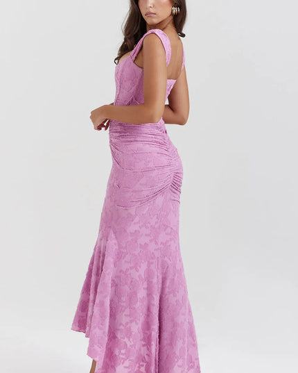 Back view of pink square neck maxi dress with ruching