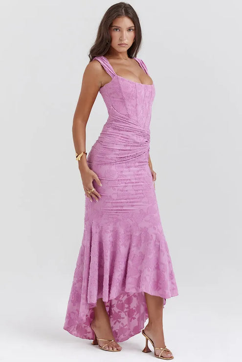 Side profile of pink ruched maxi dress with square neckline
