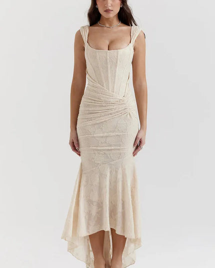 Cream textured maxi dress with square neckline and ruched bodice