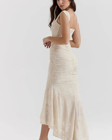 Back view of cream square neck maxi dress with ruching