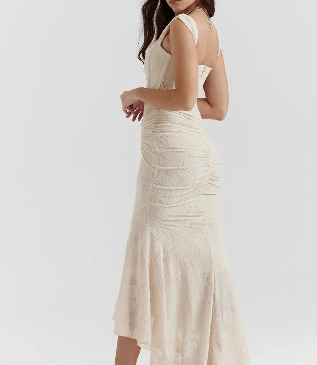 Back view of cream square neck maxi dress with ruching