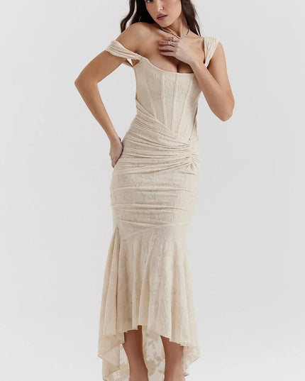 Cream ruched maxi dress with square neckline and asymmetrical hem