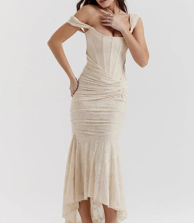 Cream ruched maxi dress with square neckline and asymmetrical hem