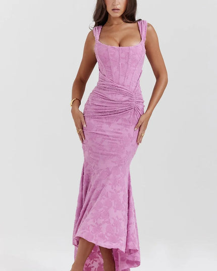Pink textured maxi dress with square neckline and ruched waist detail