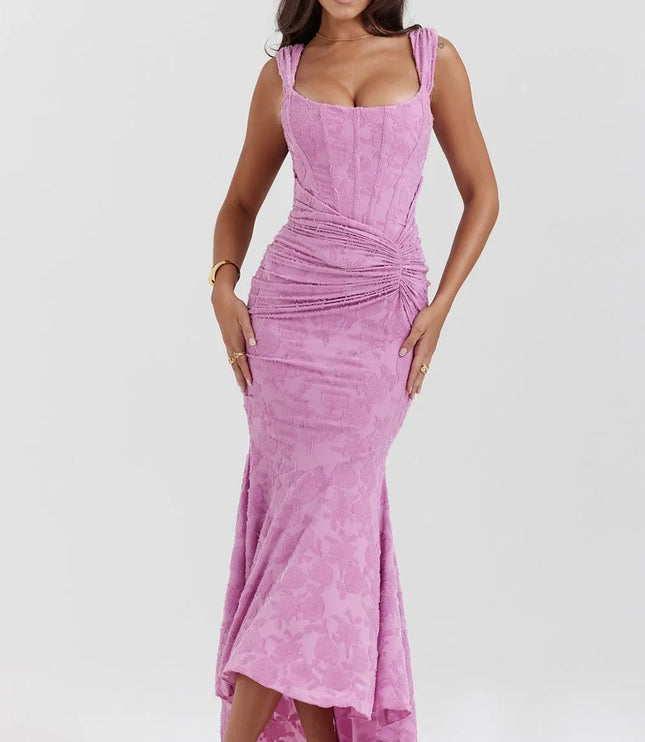 Pink textured maxi dress with square neckline and ruched waist detail